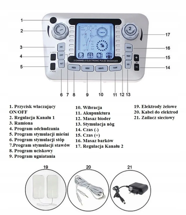 Elektrostymulator EMS prądy TENS masażer dwukanałowy akcesoria do masażu rehabilitacji