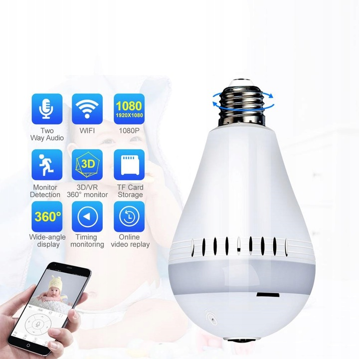 Mini kamera Full HD Szpiegowska WiFi Żarówka LED monitoring