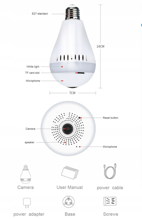 Mini kamera Full HD Szpiegowska WiFi Żarówka LED monitoring