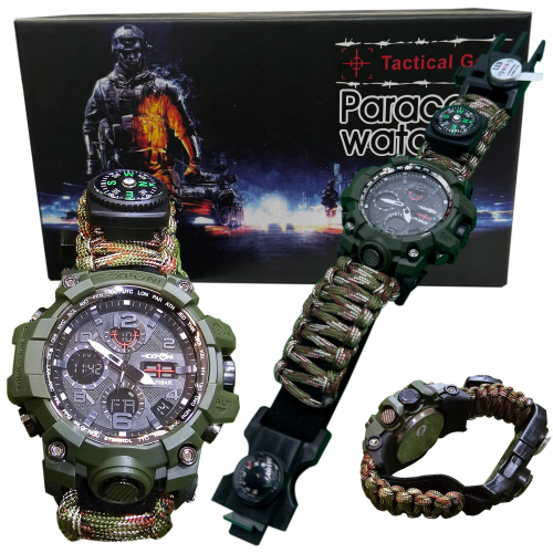 Zegarek taktyczny wojskowy survival 8w1 multitool lina paracord
