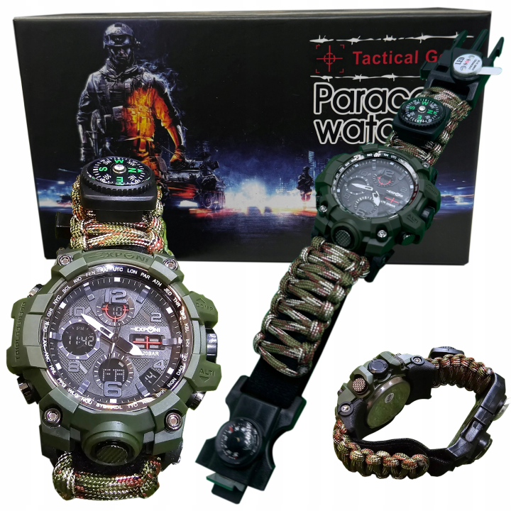 Zegarek taktyczny wojskowy survival 8w1 multitool lina paracord