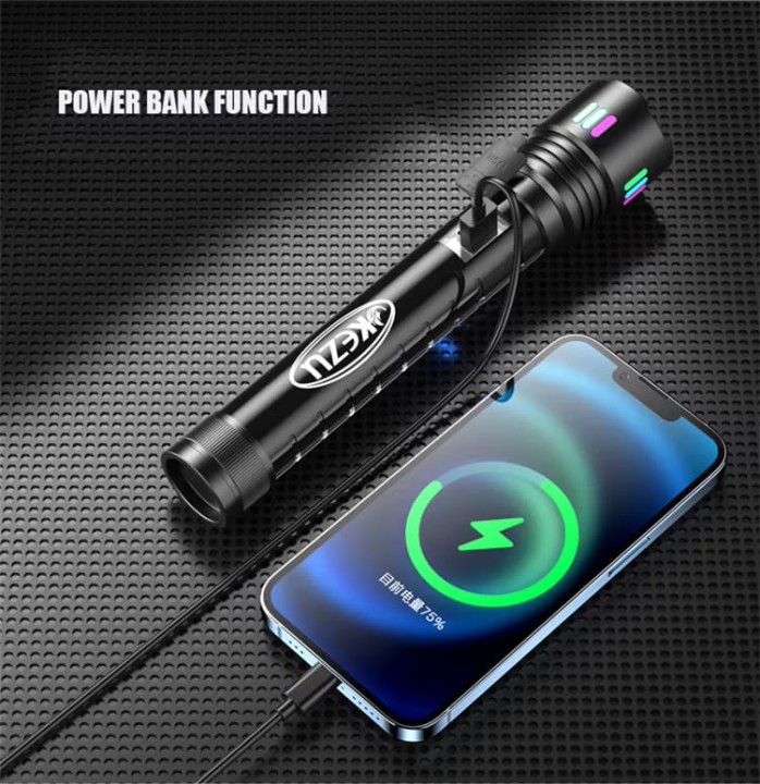 Latarka taktyczna mocna akumulatorowa LED z funkcją POWERBANK Zoom USB C