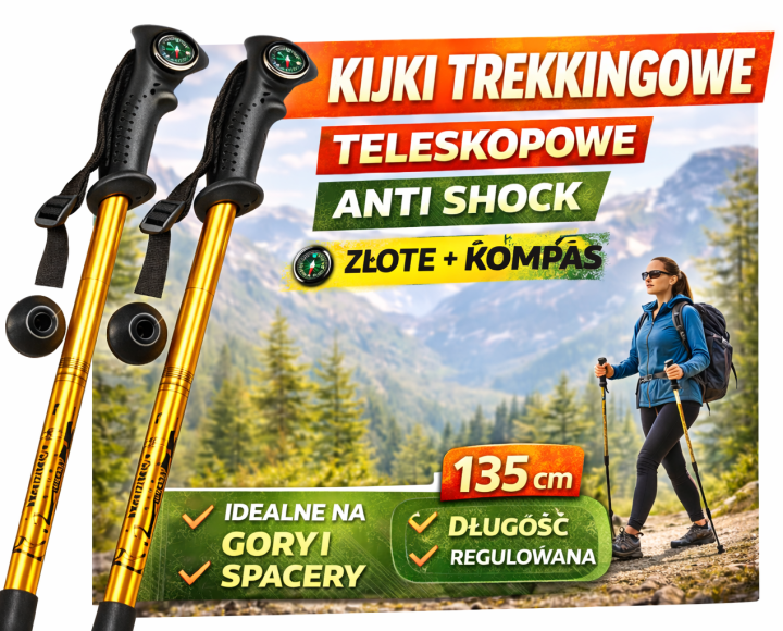 Kijki Trekkingowe Teleskopowe 135 cm Anti-Shock z Kompasem Złote Nordic Walking Góry