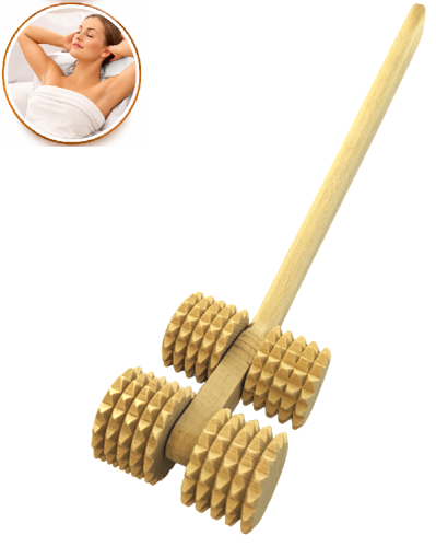 Drewniany masażer do pleców i ciała 6 rolek – ręczny masażer z rączką 30 cm, masażer antycellulitowy, masaż relaksacyjny i regeneracyjny