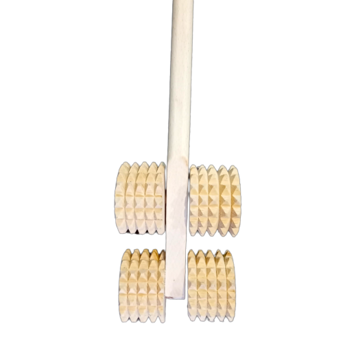 Drewniany masażer do pleców i ciała 6 rolek – ręczny masażer z rączką 30 cm, masażer antycellulitowy, masaż relaksacyjny i regeneracyjny