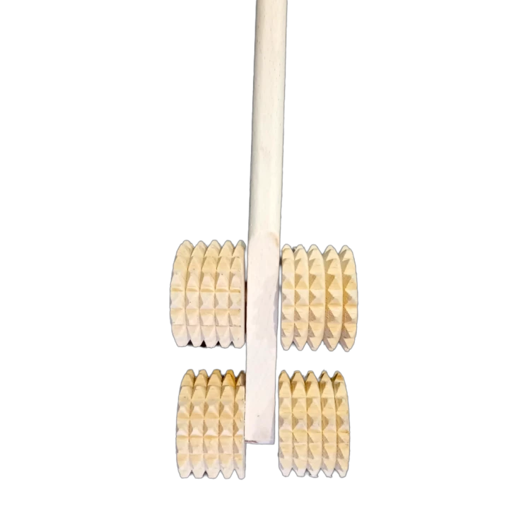 Drewniany masażer do pleców i ciała 6 rolek – ręczny masażer z rączką 30 cm, masażer antycellulitowy, masaż relaksacyjny i regeneracyjny