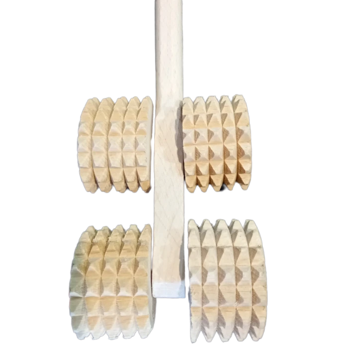 Drewniany masażer do pleców i ciała 6 rolek – ręczny masażer z rączką 30 cm, masażer antycellulitowy, masaż relaksacyjny i regeneracyjny