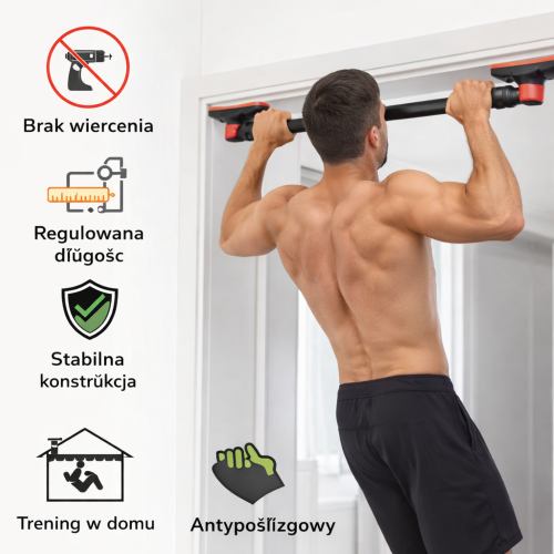 Regulowany drążek rozporowy do podciągania z poziomicą  – trening w domu bez wiercenia