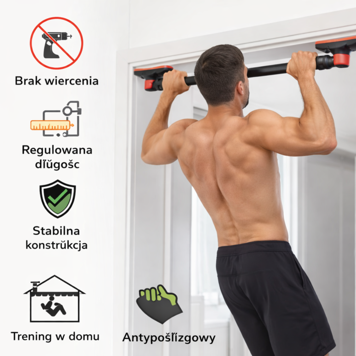 Regulowany drążek rozporowy do podciągania z poziomicą  – trening w domu bez wiercenia