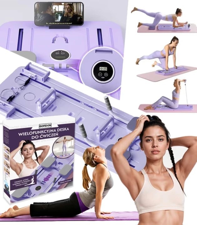 Deska do pilatesu wielofunkcyjna składana – trening domowy, taśmy oporowe, timer, uchwyt na telefon | model premium