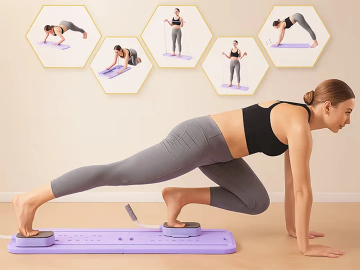 Deska do pilatesu wielofunkcyjna składana – trening domowy, taśmy oporowe, timer, uchwyt na telefon | model premium
