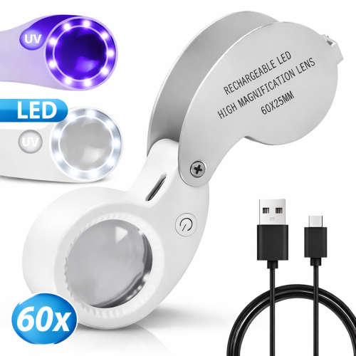 Lupa jubilerska 60x LED UV USB składana – precyzyjna lupa powiększająca premium do czytania i diagnostyki
