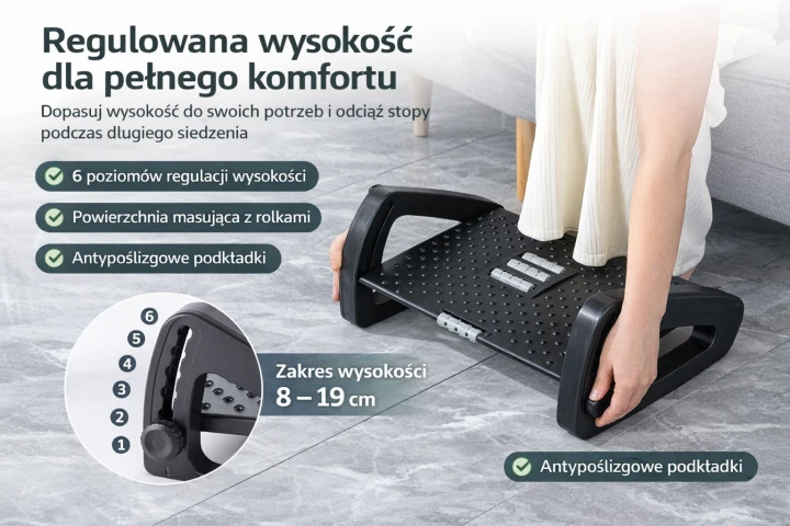 Podnóżek biurowy ergonomiczny regulowany czarny – 6 poziomów, masaż, antypoślizgowy
