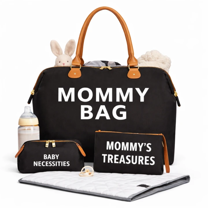 Torba Czarna Mommy Bag – 5w1 Premium Zestaw dla Mamy i Dziecka