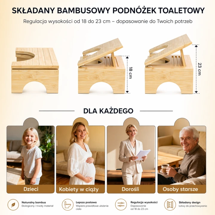 FootService Ergonomiczny podnóżek bambusowy 2w1 – regulowany, ortopedyczny podnóżek pod biurko