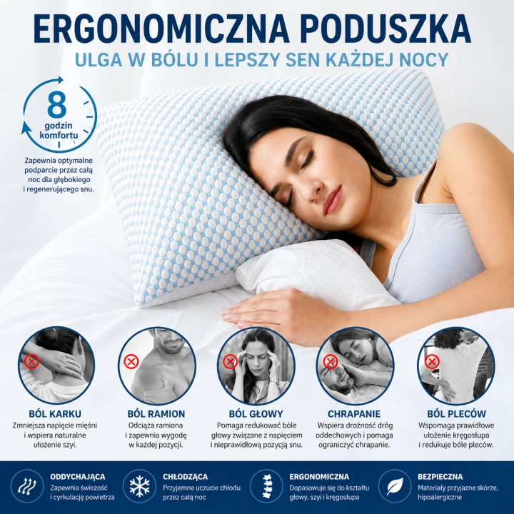 kobieta śpiąca na poduszce ergonomicznej komfortowy zdrowy sen