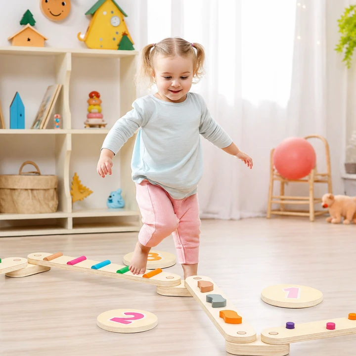 dziecko ćwiczące równowagę na drewnianym torze sensorycznym Montessori