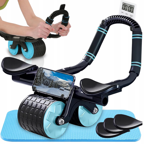 Roller trenażer mięśni brzucha z podpórką | kółko fitness ABS z timerem + mata treningowa