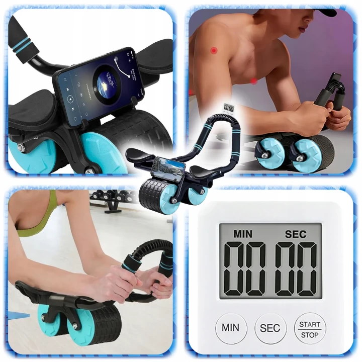 Roller trenażer mięśni brzucha z podpórką | kółko fitness ABS z timerem + mata treningowa