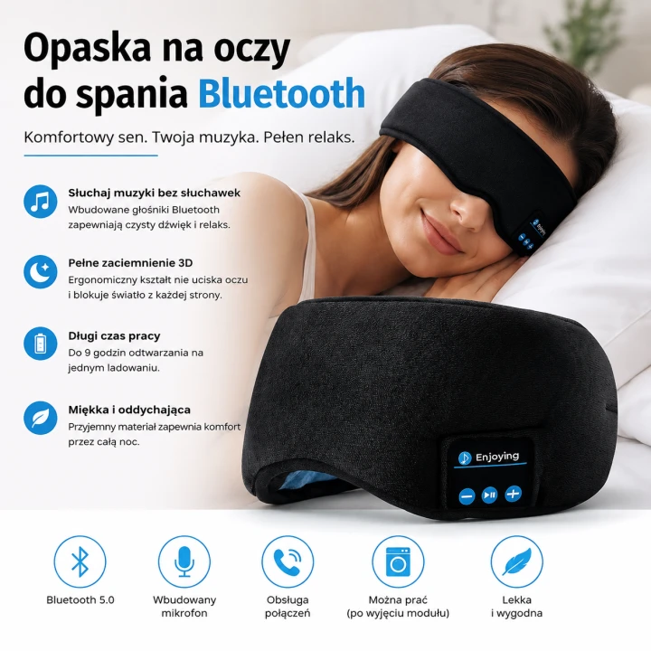 Opaska na Oczy do Spania Bluetooth 5.0 – Zaciemniająca Maska Muzyczna 3D do Snu i Relaksu