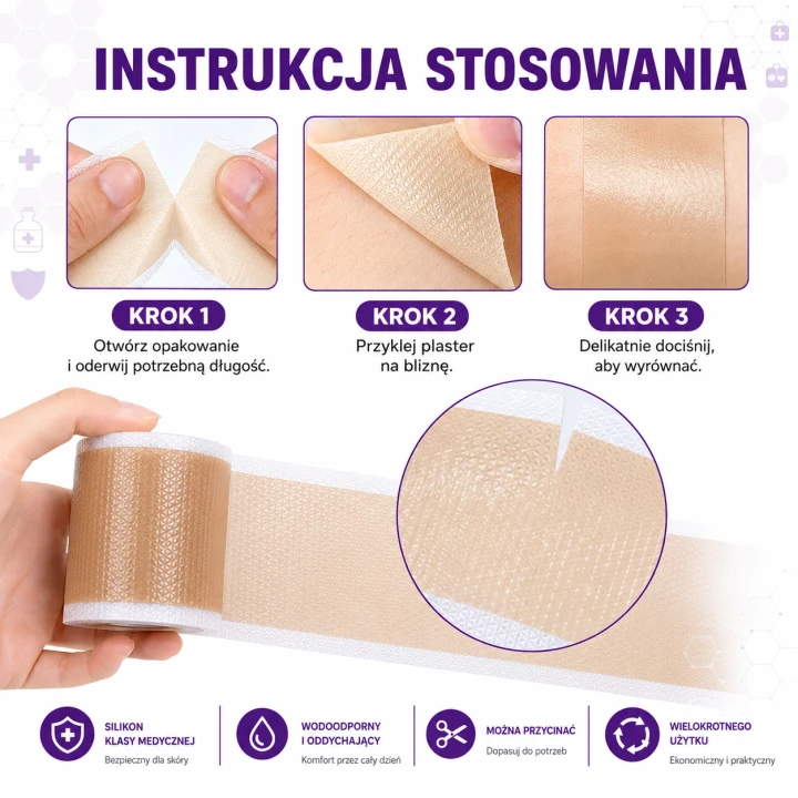 Silikonowa taśma na blizny medyczna wielokrotnego użytku – plaster silikonowy na blizny pooperacyjne i pourazowe