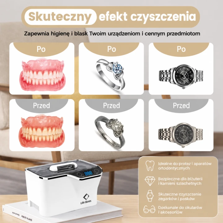 Myjka ultradźwiękowa 600 ml 42 kHz do biżuterii, okularów i akcesoriów kosmetycznych