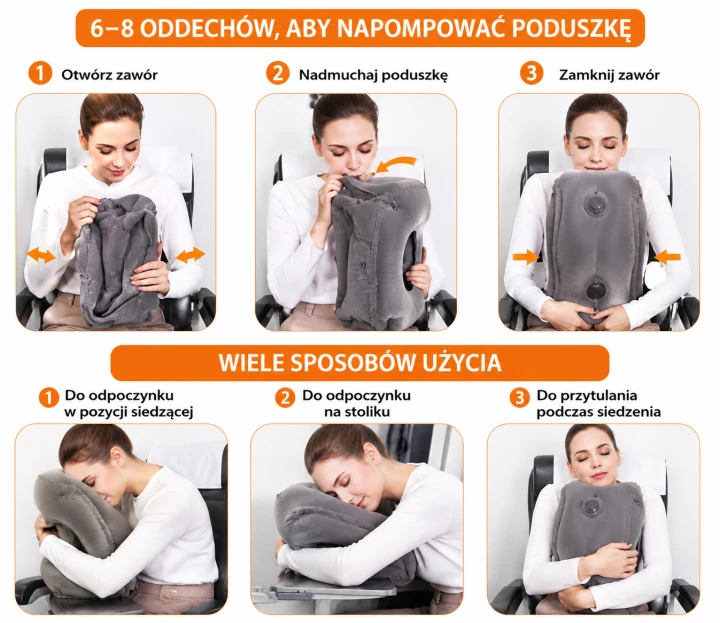 Poduszka Podróżna Dmuchana Ergonomiczna z Otworem na Twarz | Do Samolotu, Samochodu i Biura