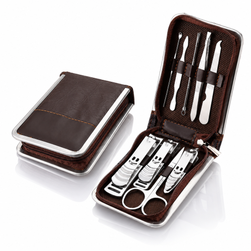 Komplet do manicure i pedicure 9 elementów w eleganckim brązowym etui ze stali nierdzewnej