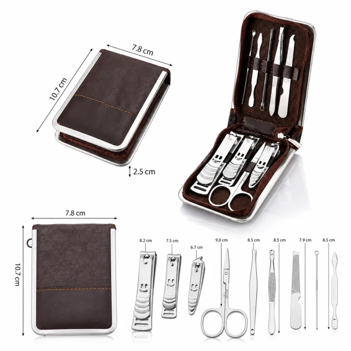 Komplet do Manicure Pedicure 9 el. Zestaw Kosmetyczny Stal Nierdzewna Etui Podróżne