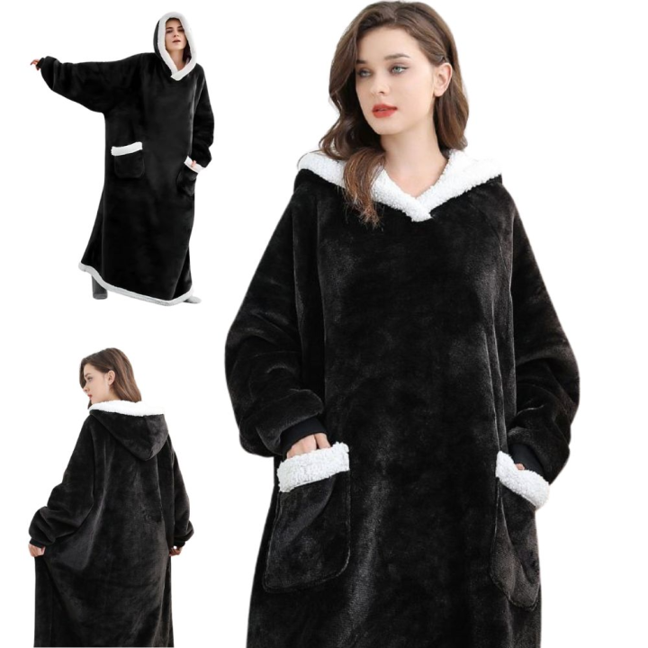 Ciepła bluza koc oversize gruba miękka z kapturem szlafrok długa xxl czarna