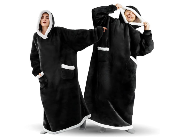 Ciepła bluza koc oversize gruba miękka z kapturem szlafrok długa xxl czarna