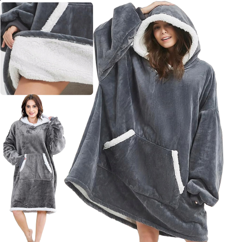 Bluza ciepła koc oversize xxl 2w1 gruba futrzak miękka z kapturem szlafrok szara