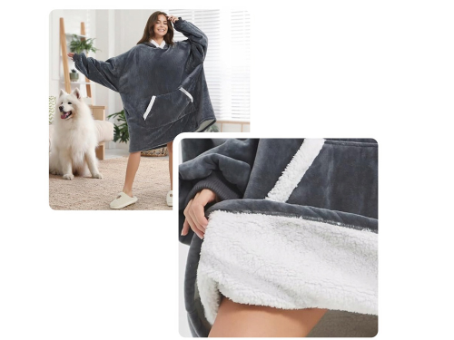 Bluza ciepła koc oversize xxl 2w1 gruba futrzak miękka z kapturem szlafrok szara