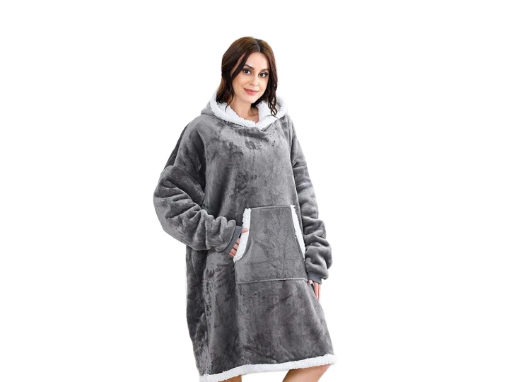 Bluza ciepła koc oversize xxl 2w1 gruba futrzak miękka z kapturem szlafrok szara