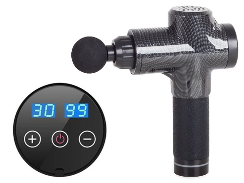 MOCNY MASAŻER gun WIBRACYJNY BEZPRZEWODOWY Z WYŚWIETLACZEM LCD + KOŃCÓWKI Z WALIZKĄ
